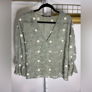 Zara Textured Green Polka Dot Blouse